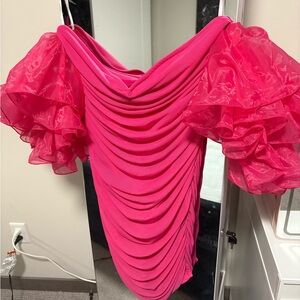 Pink Off-Shoulder Ruched Puff Sleeve Dress